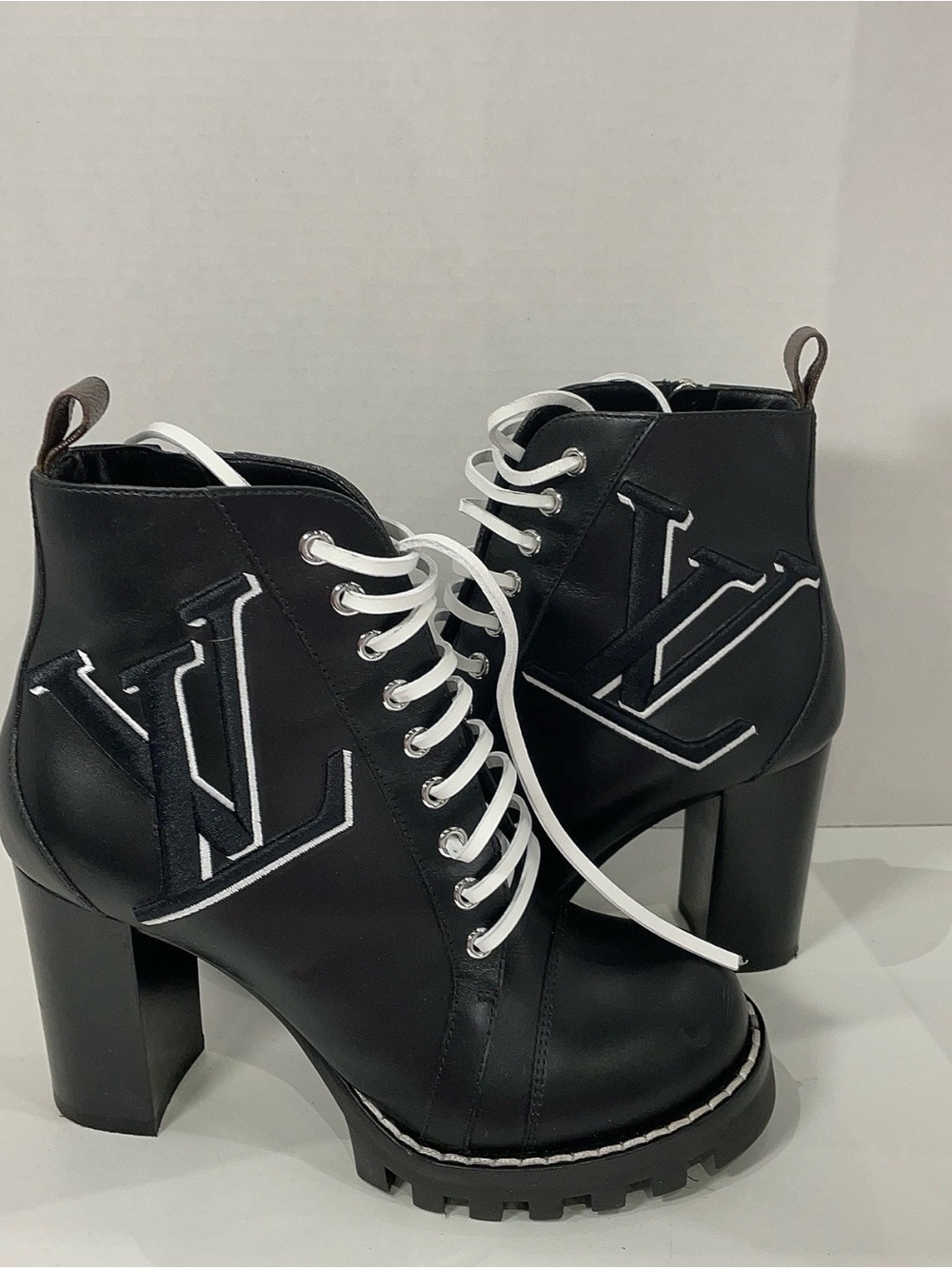 Women’s Black Lace-Up Lug Sole Ankle Boots with Logo